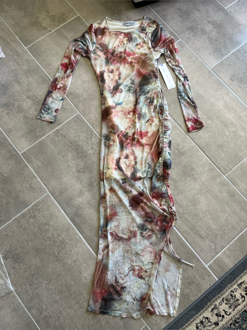 Brand New Almost Famous Floral & Angel Print Satin Maxi Bodycon Dress